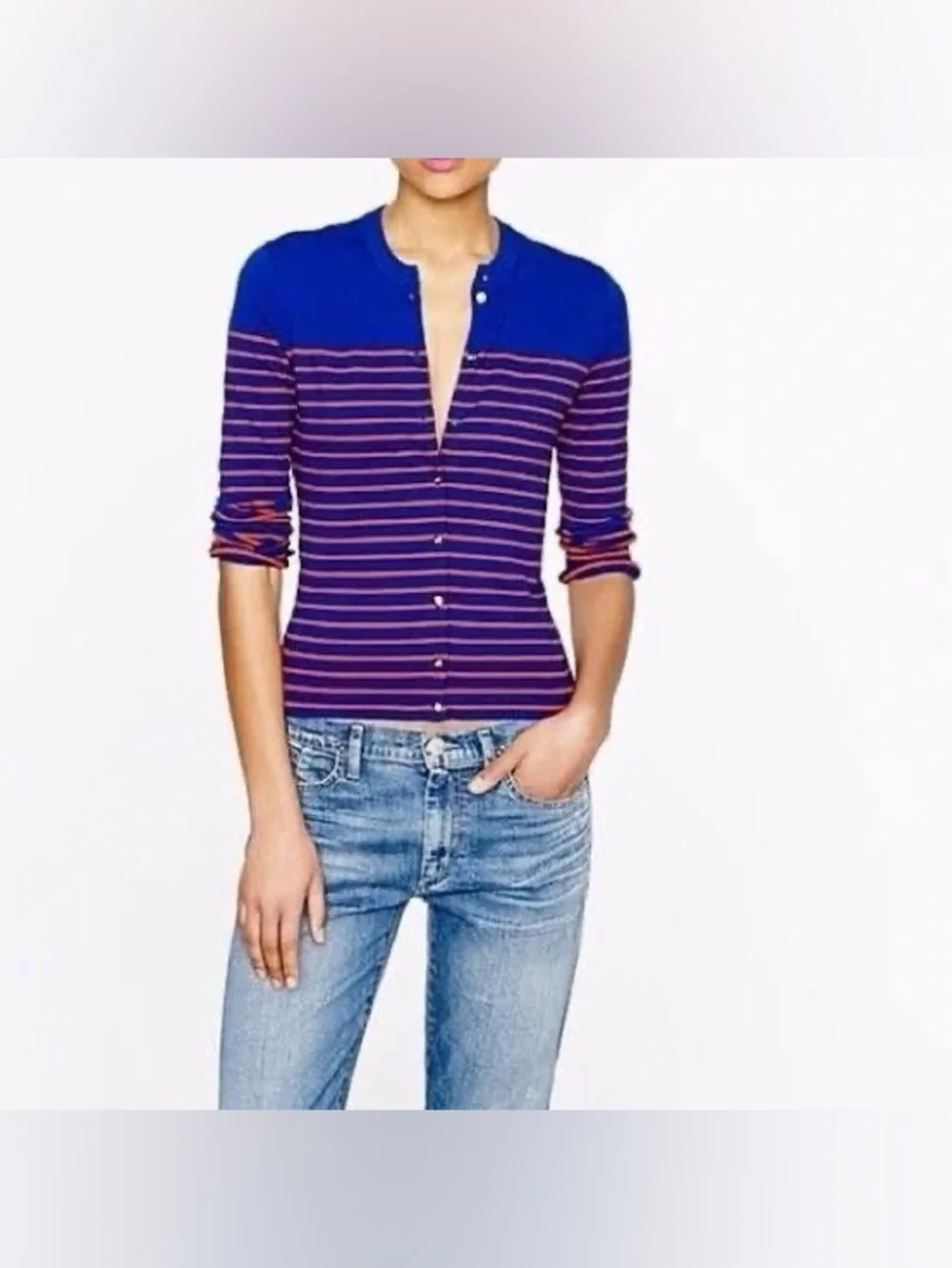 J.Crew Jackie Cardigan Blue Orange Striped Gold Buttons Size Small
